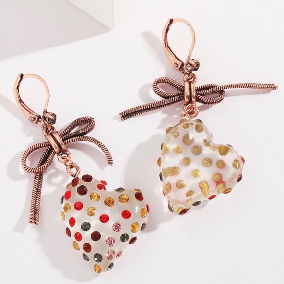 Stone Lucite Heart Drop Earrings Delicate Bow Mixed Multi-Colored - Picture 3 of 4